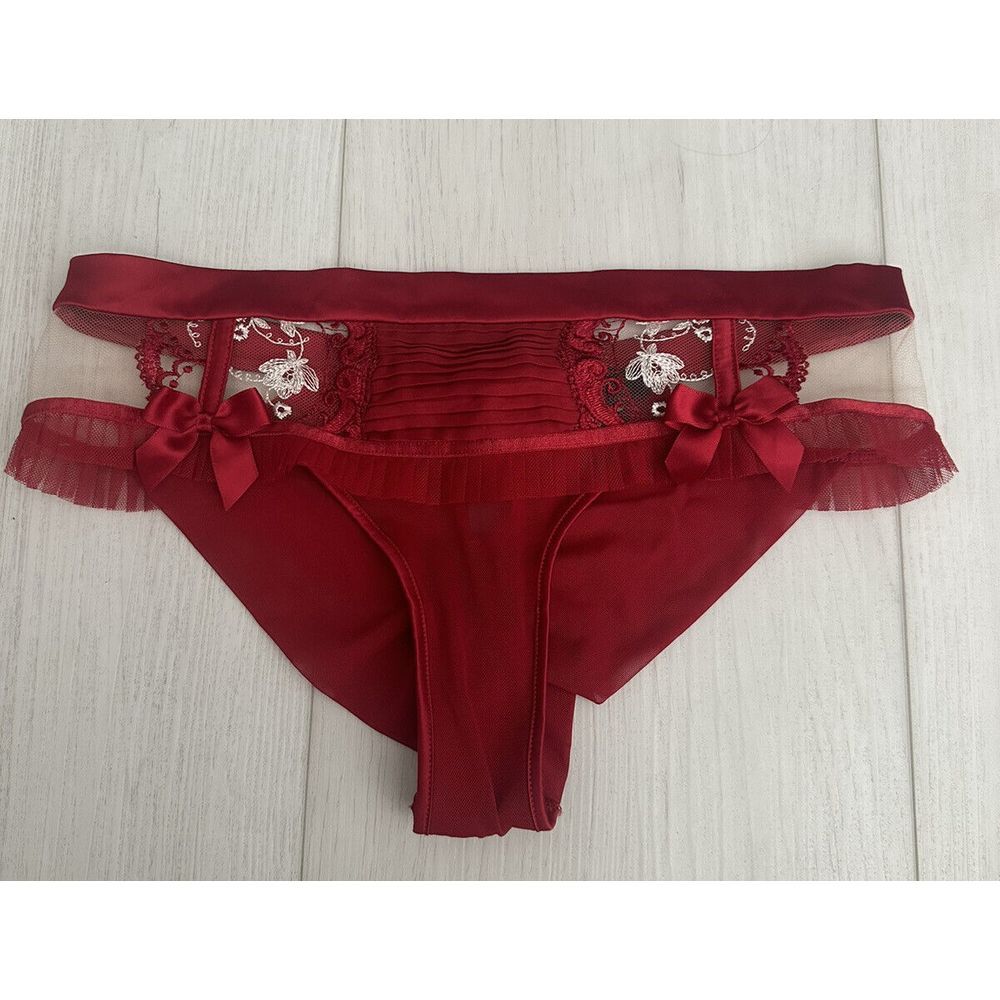 Honey Birdette Embroidered Panties‎ Sz XS - Red - Bows - Crystal on Back